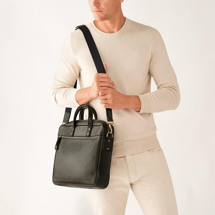 Actual product image Fossil Double Zipper Eco-Leather Work Bag with Adjustable Crossbody Strap