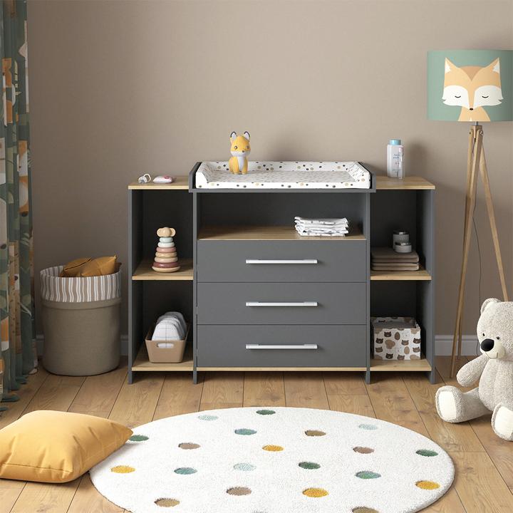 Produktbild Vicco Wickelkommode Oskar, Anthrazit/Goldkraft Eiche, 143.2 x 93 cm mit 3 Schubladen