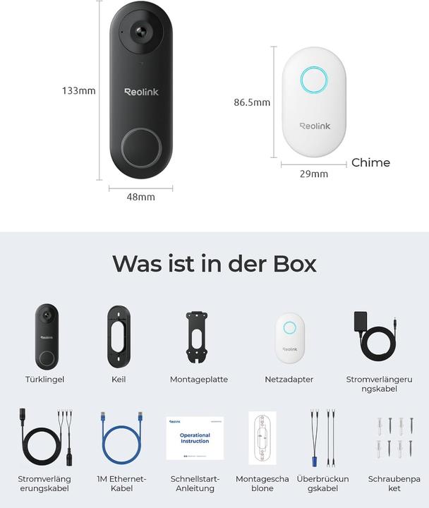 Produktbild Reolink 2K+ Video-Türklingel mit Weitwinkelkamera, Zweiwege-Audio, Personen-Erkennung, WiFi (Kabellos)