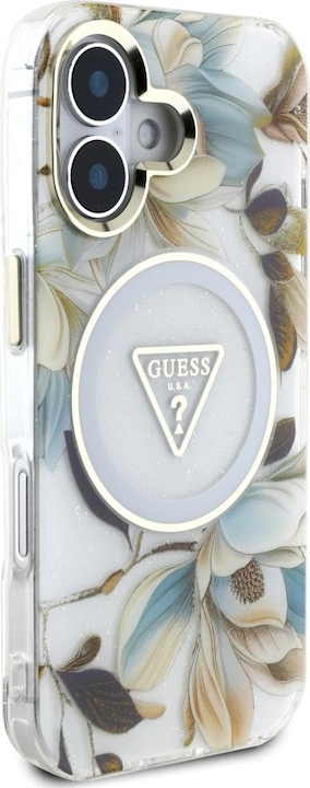Produktbild Guess Glitter Flowers Triangle Buttons MagSafe case for iPhone 16 white (Apple iPhone 16)