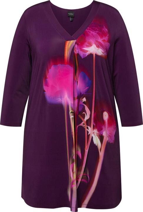 Immagine prodotto Ulla Popken Maglia dal taglio svasato in tessuto fluente con fiori, scollo a V e maniche a 3/4 (50, 52)