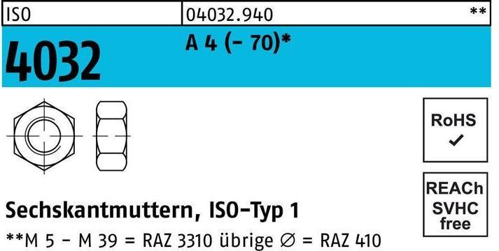 Produktbild Bufab Sechskantmutter ISO 4032 M 3 A 4 (M3)