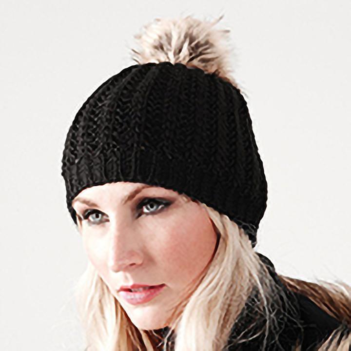 Actual product image Beechfield Poodle hat knitted hat with faux fur bobble (One size)
