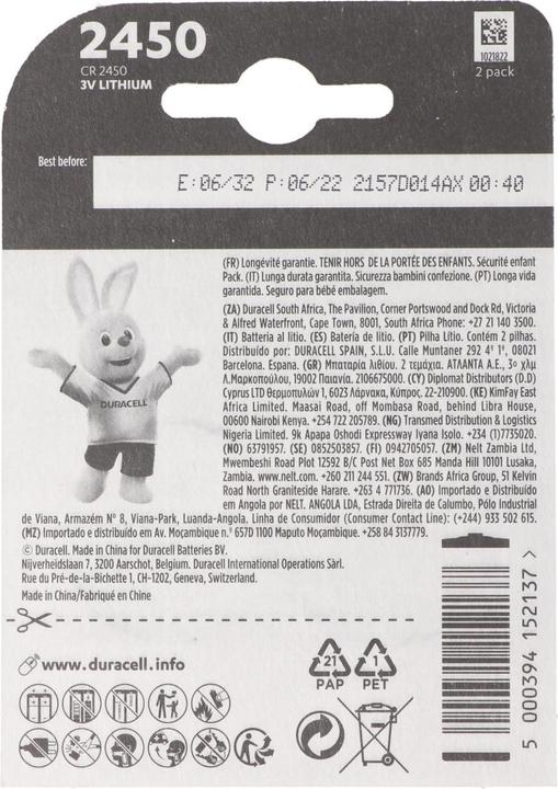 Image du produit Duracell Pile au lithium, pile bouton, CR2450, 3V (2 pcs, CR2450, 620 mAh)