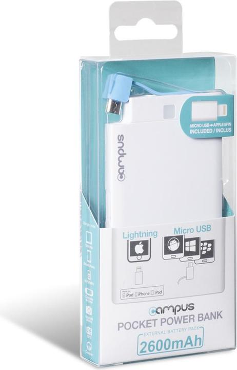 Image du produit NoName Batterie USB portable Campus 2600 mAh + connecteur Apple Lightning (2600 mAh, 9.62 Wh)
