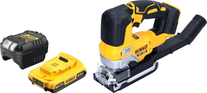 1x DeWalt DCS 334 N cordless pendulum action jigsaw, 1x DeWalt DCB 183 18 V 2.0 Ah battery, 1x DeWalt DCB 1102 battery charger, 1x dust extraction adapter (Airlock compatible), 1x saw shoe protective cover
