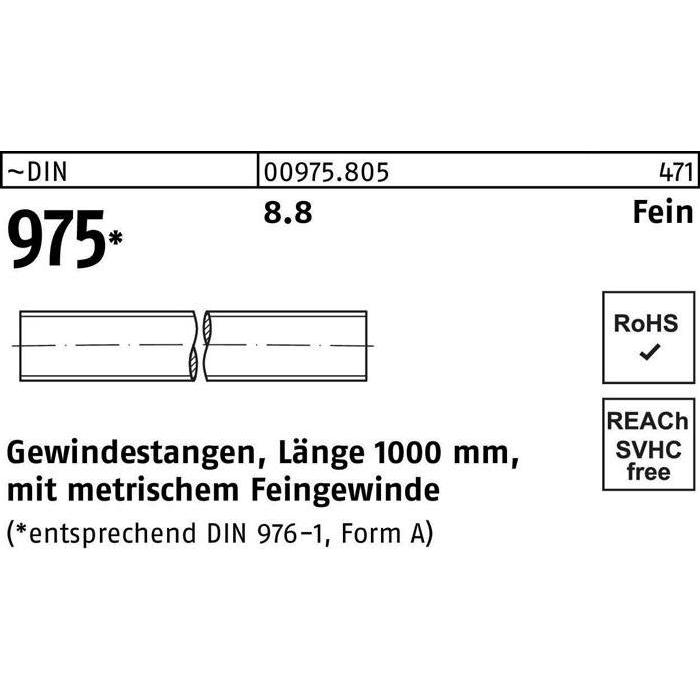 Zubehör Befestigungstechnik, Gewindestange DIN 975 M 14 x 1,5 x 1000mm 8.8
