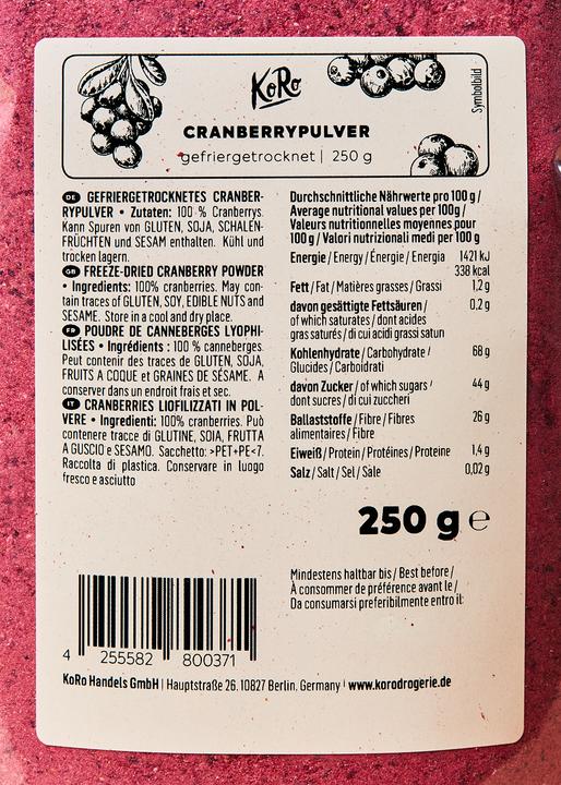 Nährwerte und Zutaten KoRo Gefriergetrocknetes Cranberrypulver (250 g)
