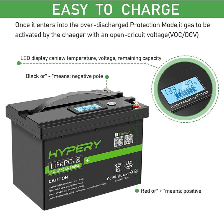 Actual product image Hypery LiFePO4 Batterie mit Bluetooth und LED-Display (12 V, 50 Ah)