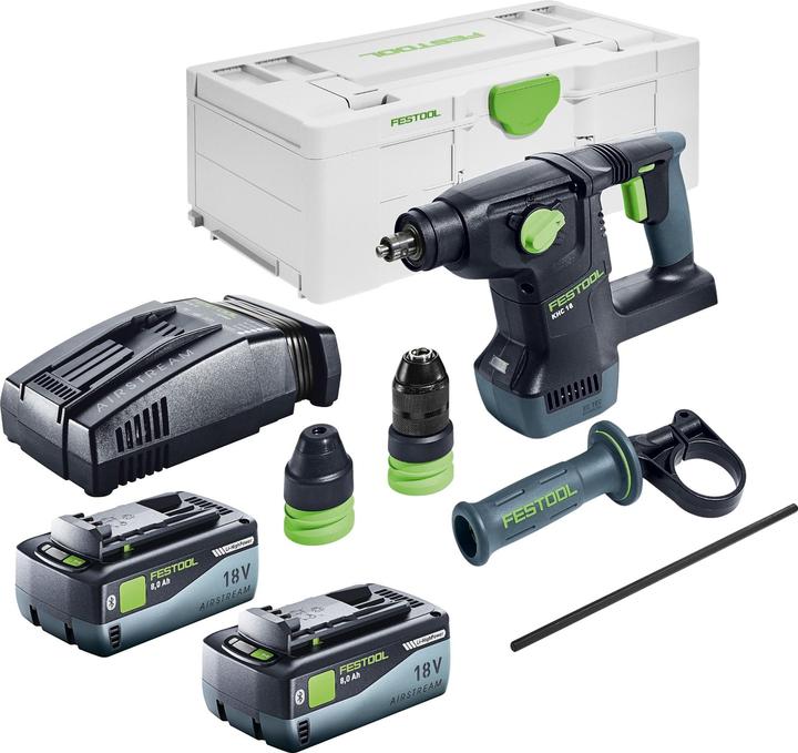 1x Festool KHC 18 EB marteau combiné sans fil, 1x mandrin C SDS KHC, 1x mandrin à serrage rapide KC 13 KHC, 1x poignée supplémentaire AH-50, 181 KHC, 1x butée de profondeur, 1x Festool Systainer³ SYS3 L 187, 2x Festool BP 18 Li 8,0 HP-ASI batterie 18 V 8,0 Ah, 1x Festool SCA 16 chargeur rapide 10,8 V - 18 V 16 A
