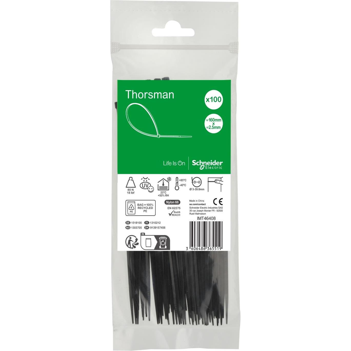 Schneider, Kabelbinder, Kabelbinder Thorsman, Abmessung: 160X2,5 mm, VPE=100 Stück Farbe schwarz IMT46408 (Kunststoffkab...