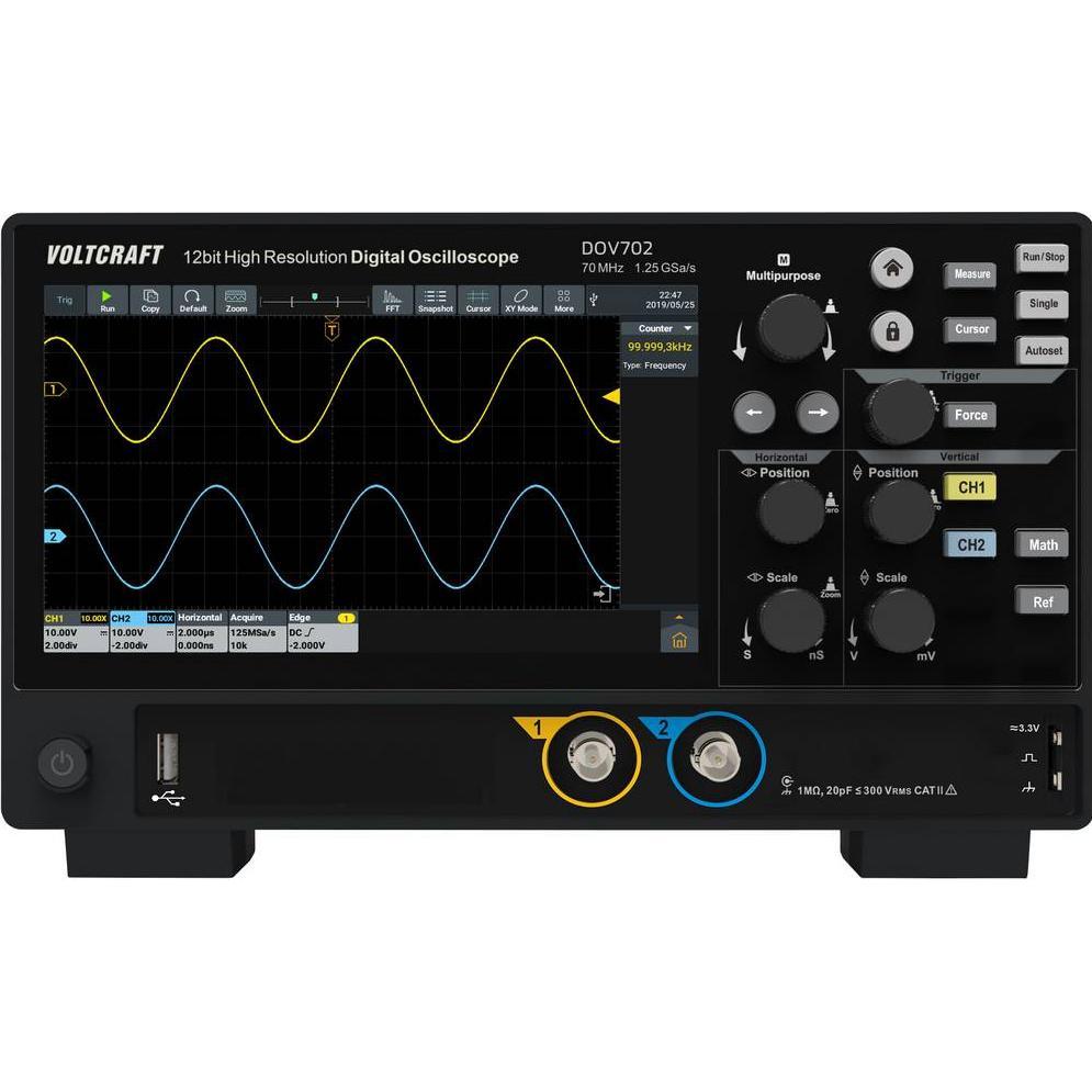 Voltcraft, Multimetro, DOV702 Digital-Oszilloskop 70 MHz 2-Kanal 1.25 GSa/s 50 Mpts 12 Bit D (CAT II)