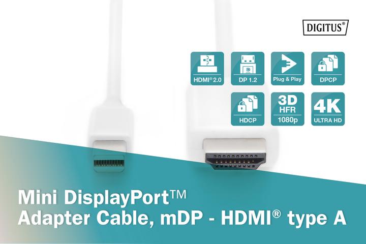 Image du produit Digitus Mini DP cable,mDP - HDMI, 2m (2 m, DisplayPort, HDMI, 1.2)