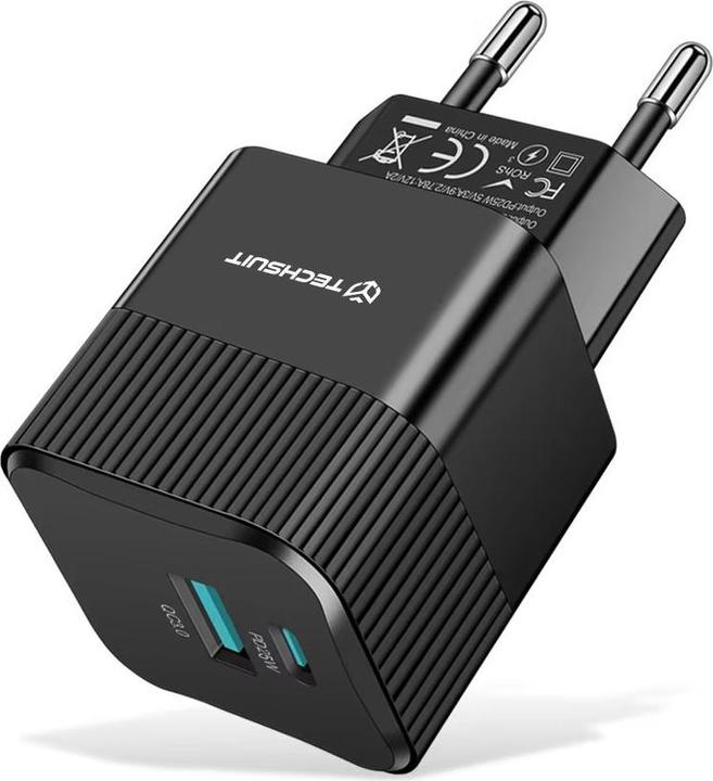 Techsuit - Premium Wall Charger Tiny Series (CHPD216) - GaN, USB QC3.0, Type-C PD25W - Black (25 W)