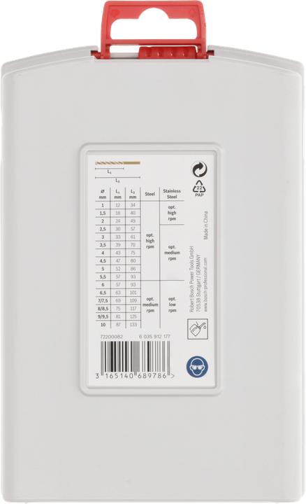 Produktbild Bosch Professional Zubehör PRO Stainless Steel HSS-Co Spiralbohrer-Set, 19-tlg. (1 mm, 1.5 mm, 2 mm, 2.5 mm, 3 mm, 3.5 mm, 4 mm, 4.5 mm, 5 mm, 5.5 mm, 6 mm, 6.5 mm, 7 mm, 7.5 mm, 8 mm, 8.5 mm, 9 mm, 9.5 mm, 10 mm)