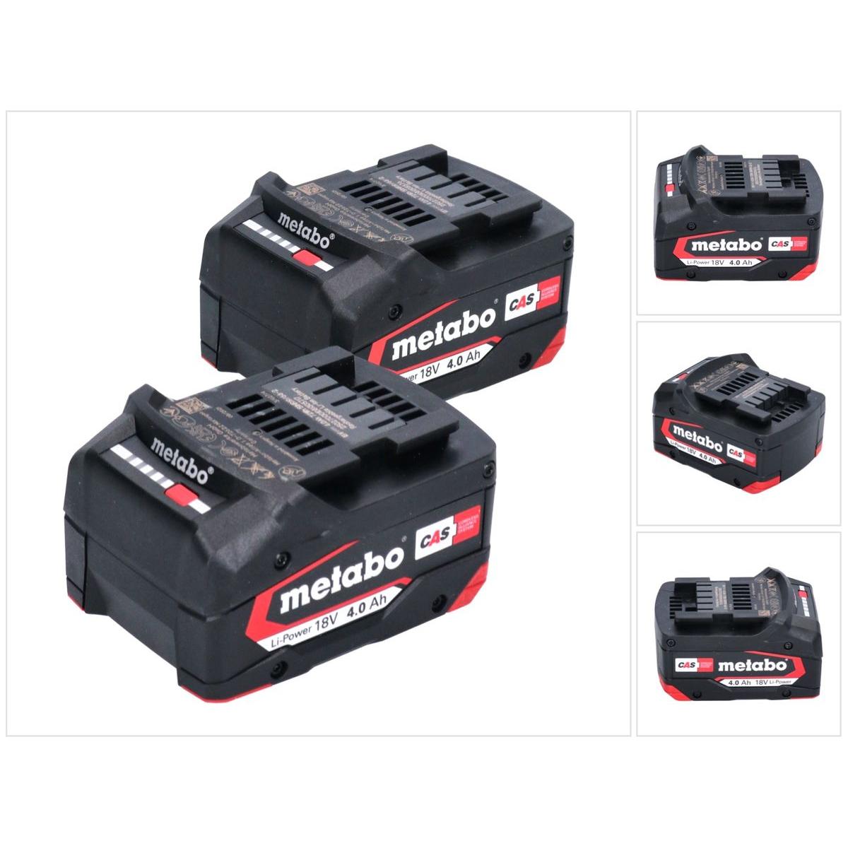 Metabo, Werkzeugakku + Ladegerät, Akku Set 2x Li-Power Akkupack 18 V 4,0 Ah CAS Li-Ion ( 2x 625027000 ) mit Ladestandsan...