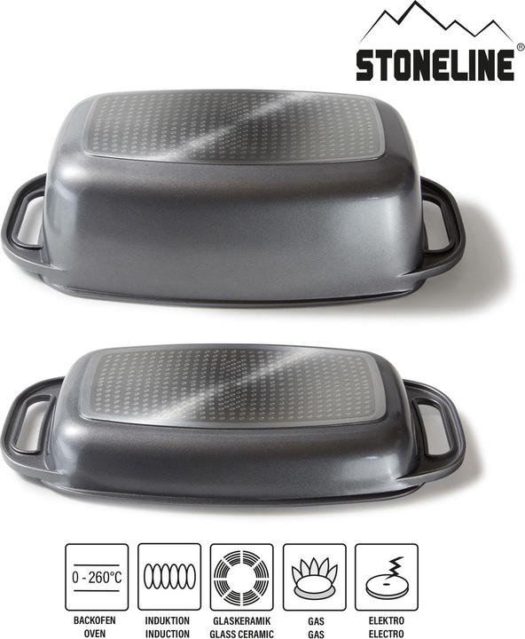 Produktbild Stoneline Bräter 40 x 22 cm mit Deckel, Backofen und Induktion geeignet, Antihaftbeschichtung, grau (Bräter + Schmortopf, Aluminium)