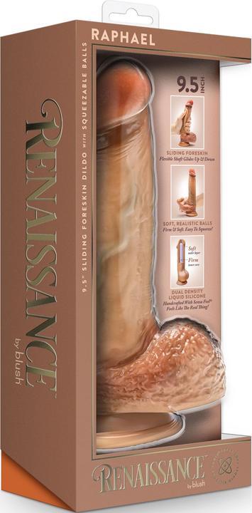 Actual product image Blush Renaissance Raphael Sliding Foreskin Dildo with Squeezable Balls Tan Flesh 24.1 cm