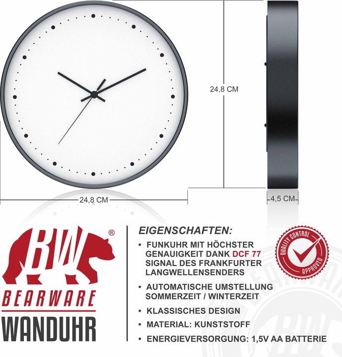 Actual product image Bearware Radio-controlled wall clock, round 24.8 cm diameter, analogue display, DCF signal, battery (24.80 cm)