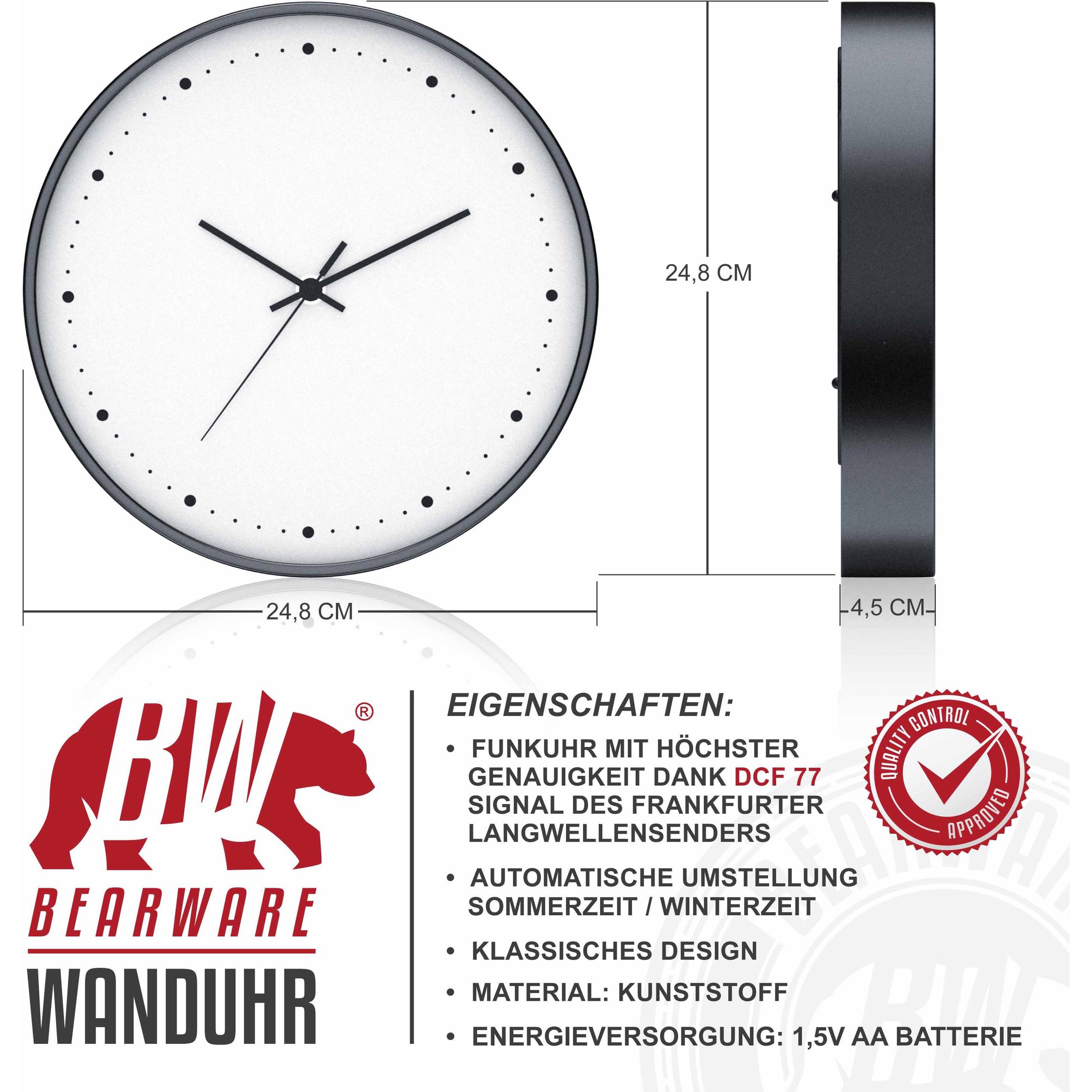 Thumbnail - Bearware, Wanduhr, Funkwanduhr, rund 24,8 cm Durchmesser, analoge Anzeige, DCF-Signal, Batteriebetrieb, sehr leise (24.8...