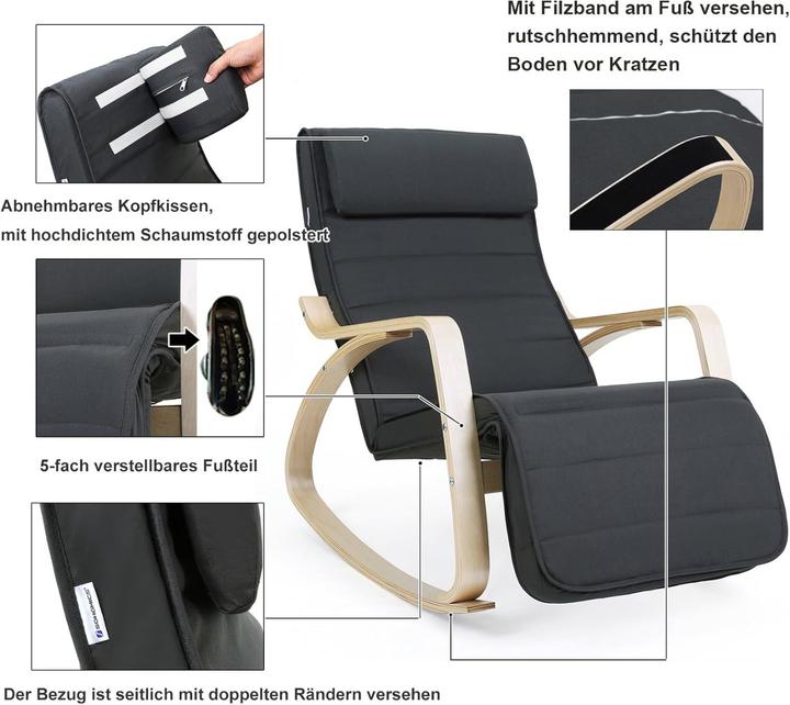 Actual product image Songmics Schaukelstuhl Verstellbar Holz Armlehnen Grau