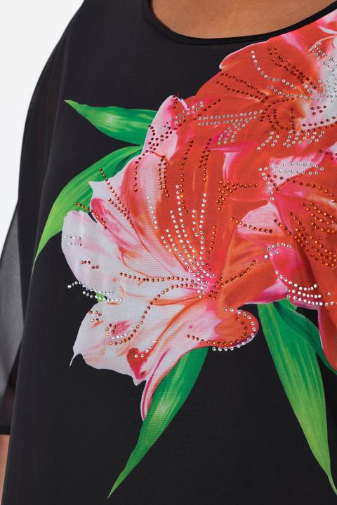 Immagine prodotto Ulla Popken Blusa di chiffon a doppio strato con fiori brillanti, scollo rotondo e maniche a 3/4 (42, 44)
