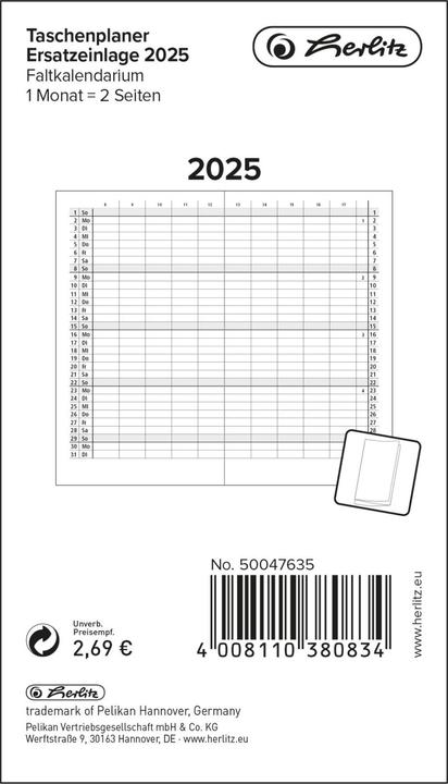Produktbild Herlitz Taschenplaner Ersatzeinlage 2025 Faltkalender, 1 Monat=2 Seiten