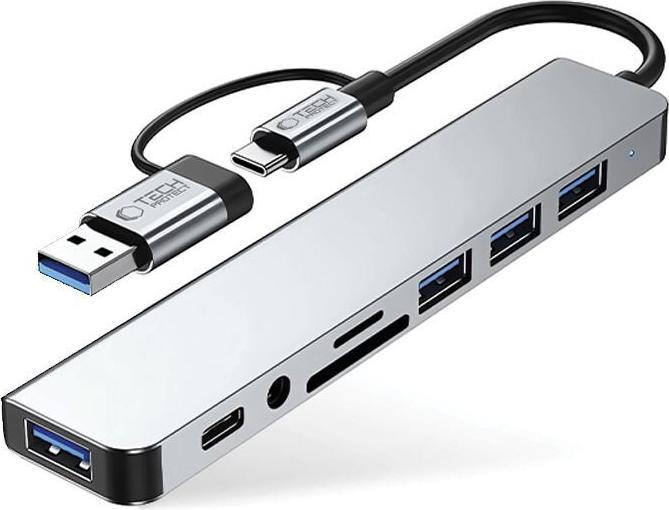 Produktbild Tech-Protect HB06 HUB Adapter 8in1 TYPE-C + USB2.0 + USB3.0 + SD/TF + AV3.5 - gray (USB-C, 8 Ports)