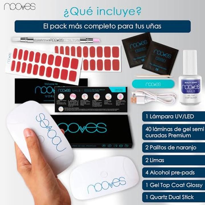 Immagine prodotto Nooves Starter Kit di Bellezza Rosso con 2 Gel Nail Foils + Asciugatore UV/LED + Gel Top Coat Glossy + Quar (Rosso, Smalto per unghie effetto gel)