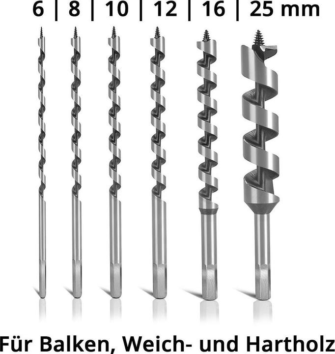 Actual product image Stahlwerk Wood auger bit set of 6 6 / 8 / 10 / 12 / 16 / 25 mm twist drills (6 mm, 8 mm, 10 mm, 12 mm, 16 mm, 25 mm)