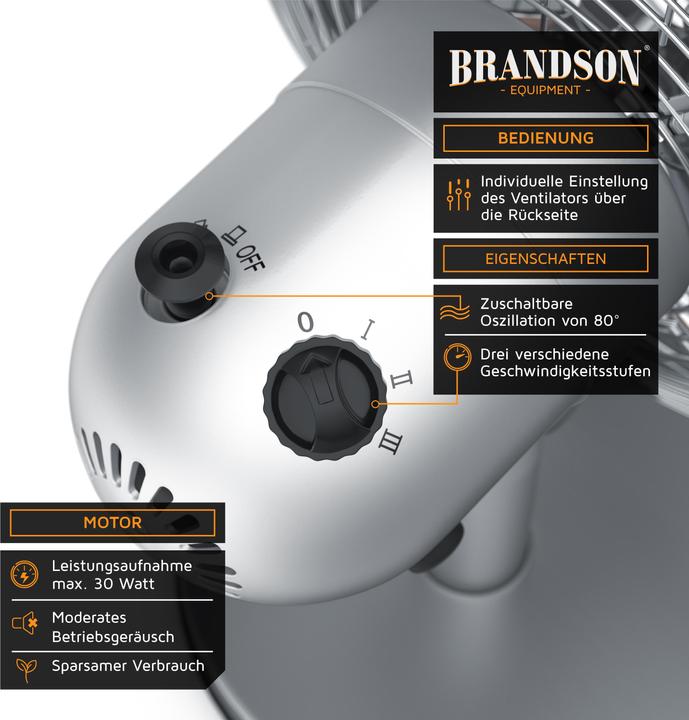 Produktbild Brandson Tischventilator, Retro Design, Oszillation, Neigungswinkel ca. 40°, Metallgehäuse, 30W, silber (50 dB)
