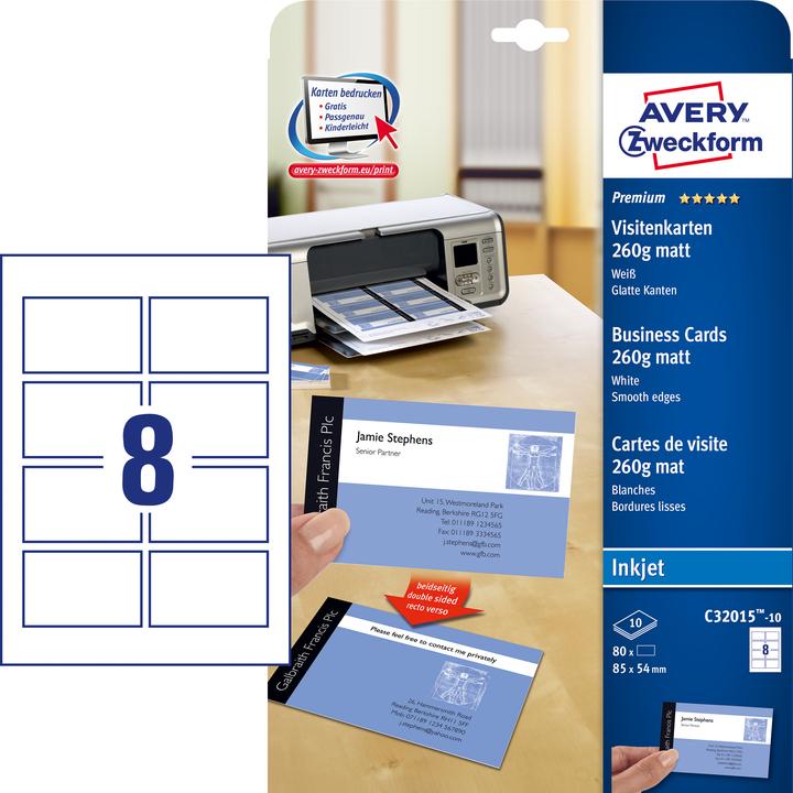 Productafbeelding Avery Premium visitekaartjes, gladde randen, 85x54mm (260 g/m², 10 x, A4)