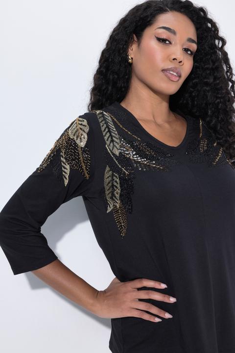 Immagine prodotto Ulla Popken Maglia con piume, scollo a V, collo alto e maniche a 3/4 (50, 52)