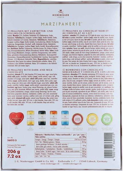 Nährwerte und Zutaten Niederegger Lübeck Marzipanerie Pralinen mit Zartbitter Schokolade assortiert (206g) (206 g)