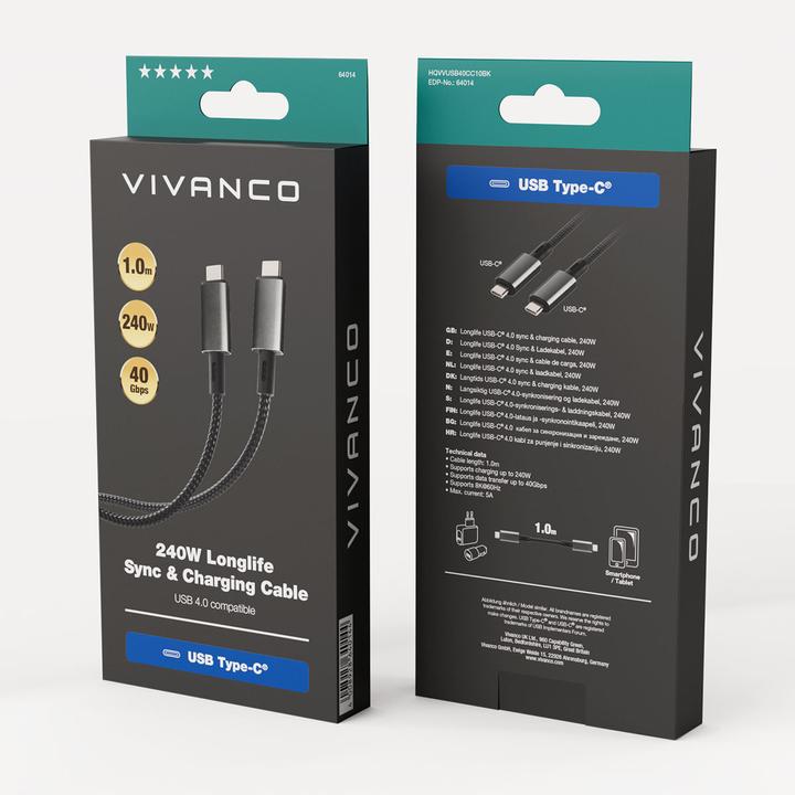 Produktbild Vivanco Longlife USB4.0 C-C Kabel, Metallstecker u. Nylon- geflecht, 5A / 240W, schwarz, 1,0m (1 m, USB 4.0)