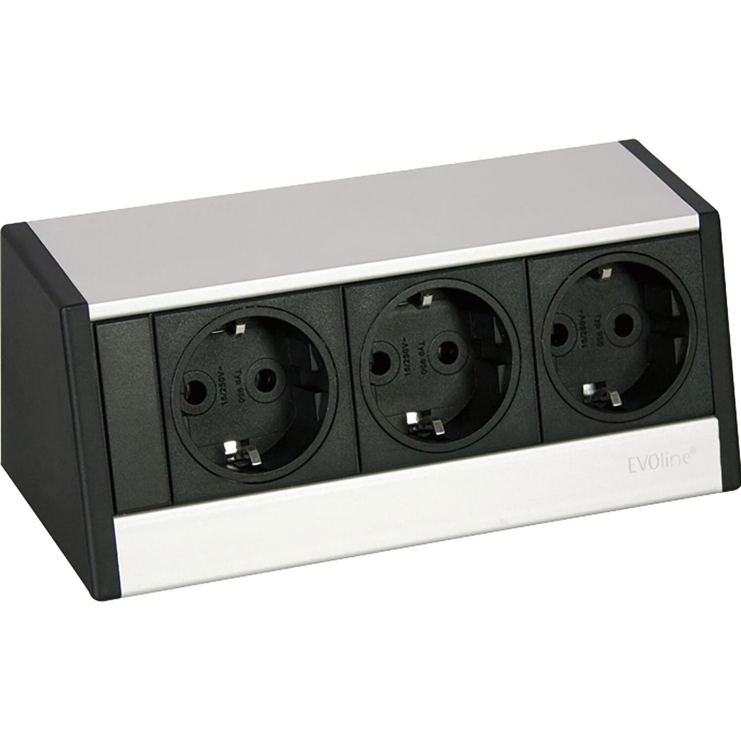 Evoline, Steckdosenleiste, R-Dock Steckdosenelement 3 x Schuko alufarbig, schwarz (3 x, CEE 7/3, 1 m)