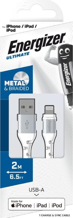 Actual product image Energizer Metal / braided nylon cable - Lightning - 2m, white (2 m, USB 3.2 Gen 1)