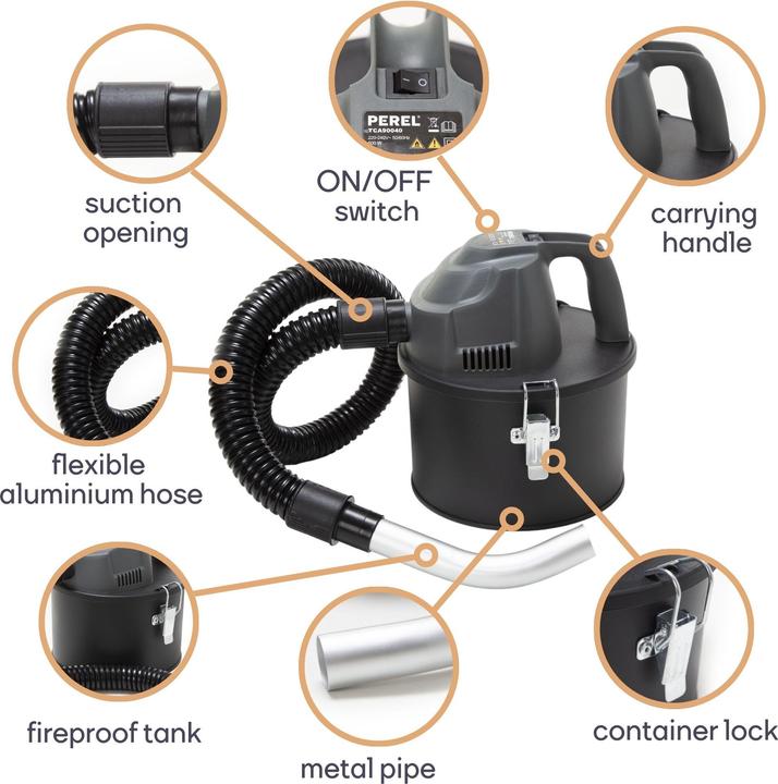 Actual product image Perel Mini ash vacuum cleaner - 600W- 4L - with flexible hose 0.3 m (Ash vacuum cleaner)
