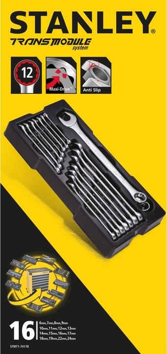 Produktbild Stanley Transmodul System, Modul Ring-Maulschlüssel-Set (in den Grössen: 6 mm - 22 mm und 24 mm, mit (19 mm, 6 mm, 12 mm, 24 mm, 14 mm, 22 mm, 16 mm, 23 mm, 10  mm, 21 mm, 18 mm, 7 mm, 17 mm, 11 mm, 15 mm, 8 mm, 9 mm, 13 mm, 20 mm)