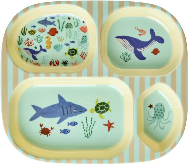 Rice - Kids 4 Room Plate with Blue Ocean Print - Blue