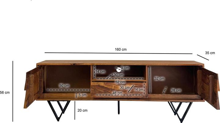 Actual product image FineBuy TV Lowboard Sheesham Massivholz 160 cm Türen Schublade Fach Metallfüsse (160 x 35 x 56 cm)