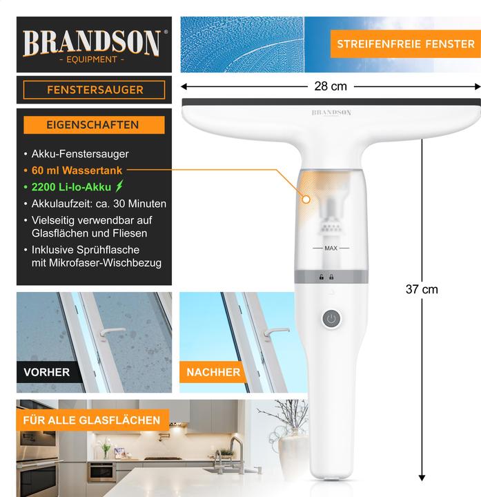 Produktbild Brandson Akku Fenstersauger, Fensterreiniger mit Sprühflasche & Wischbezug, für Duschkabine, Spiegel, 2200mAh