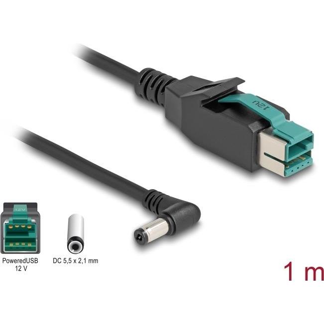 Delock PoweredUSB Kabel Stecker 12 V zu DC 5,5 x 2,1 mm Stecker gewinkelt 1 m (1 m), USB Kabel
