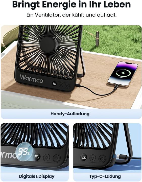 Produktbild Warmco Tragbarer Campingventilator mit LED-Licht (45 dB)