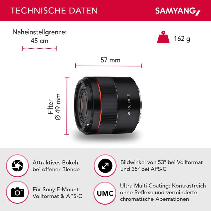 Produktbild Samyang AF 45mm F1.8 FE (Sony E, Vollformat, APS-C / DX)