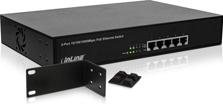 Produktbild InLine PoE+ Gigabit Netzwerk Switch 5 Port 4x PoE+ 11 Zoll inkl. 19 Zoll Winkeln luefterlos (5 Ports)