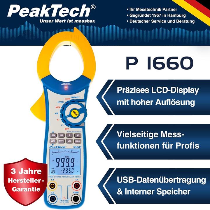 Image du produit Peaktech Pince ampèremétrique triphasée P1660 (CAT III 1000V, CAT IV 600V)