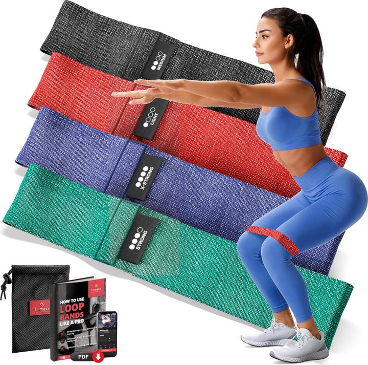Immagine prodotto BeMaxx Fitness Loop Band Set da 5, Tessile (0.32 m, Extra strong, Light, Strong, Medio)