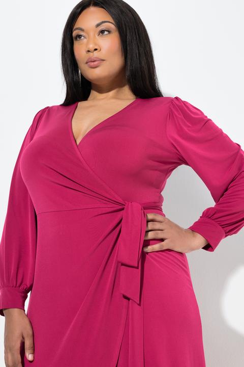 Produktbild Ulla Popken Midi-Wickelkleid, Bindegürtel, V-Ausschnitt, Ballon-Langarm (48)