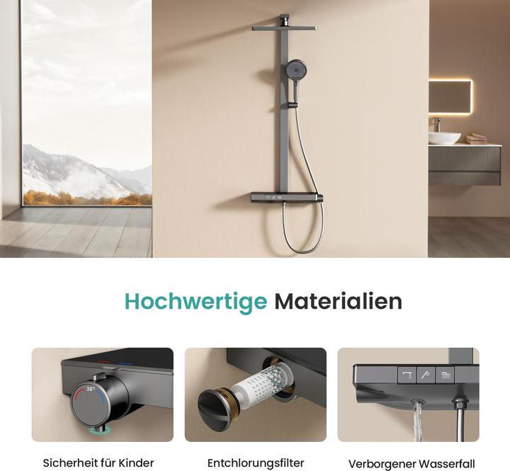 Produktbild Emke Duschsäule inkl. Thermostat Duschsystem Regendusche 36 cm Handbrause mit 4 Strahlarten Anthrazit